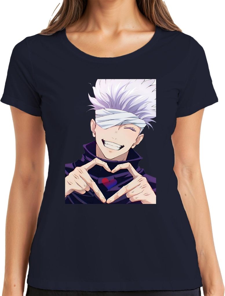 Jujutsu Kaisen Gojo Satoru Augenbinde Anime Ästhetik Herz Geschenk Damen T-Shirt, Navy, XL