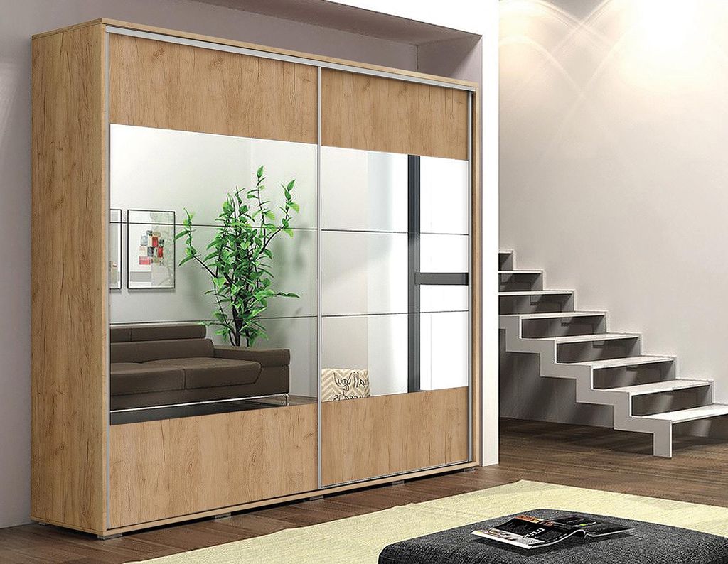 A17 Schlafzimmerschrank mit Zwei Schiebetüren, Spiegel, Kleiderstange und Regalen - Craft Gold - 100 x 62 x 245 cm