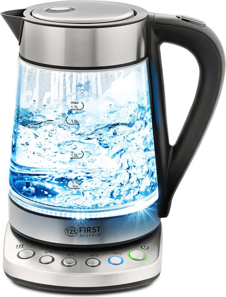 TZS First Austria Glaswasserkocher 1,7 L, mit Kalkfilter, 2200 Watt, Innenbeleuchtung, kabellos, Trockenkochschutz, 360° Grad Anschluss-Sockel
