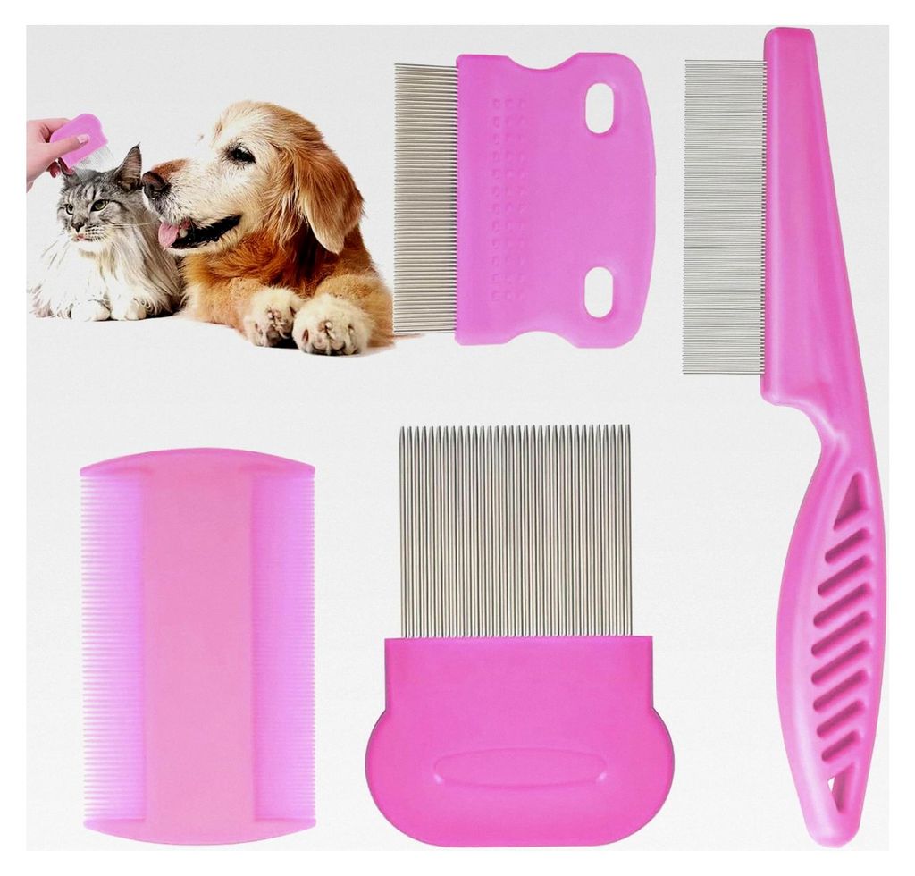 Flohkamm für Katzen und Hunde, 4-teiliges Set in Rosafarbe