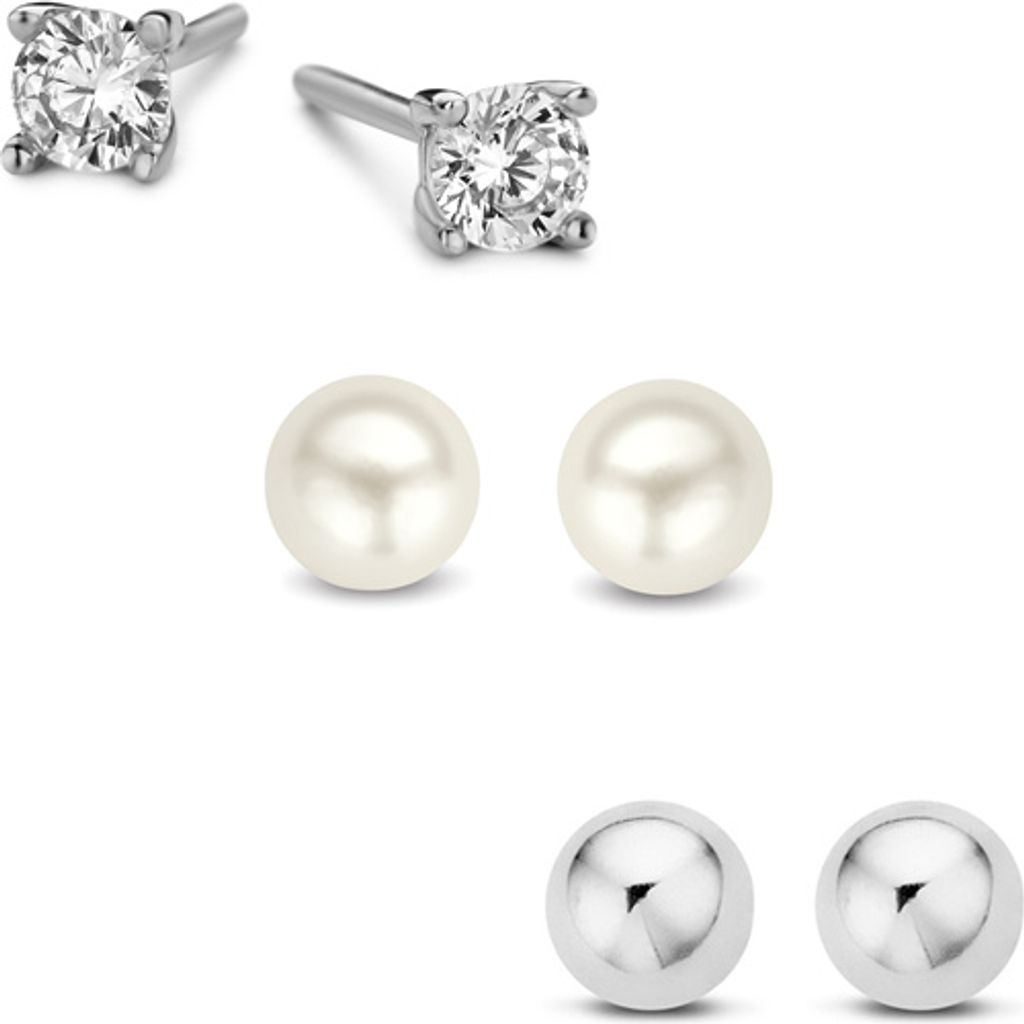 Neu Bling 9NB SET026 Silberne Ohrstecker - Set - 3 Paar Ohrringe - 4mm - Kugel - Zirkonia - Perle - Silber-Ton