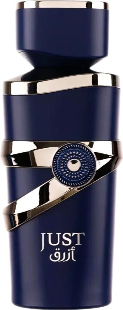 A product shot of a blue and silver perfume bottle.