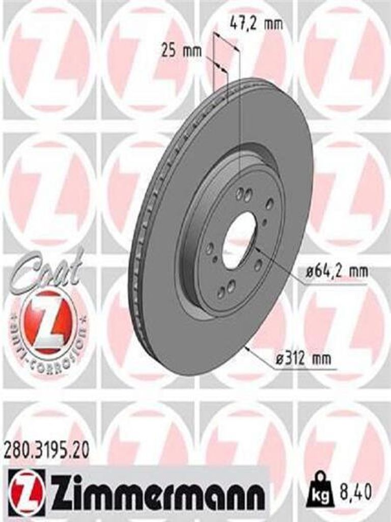 2x ZIMMERMANN Bremsscheibe 280.3195.20 für HONDA CR-V V (RW_ RT_) 47mm 8 4kg