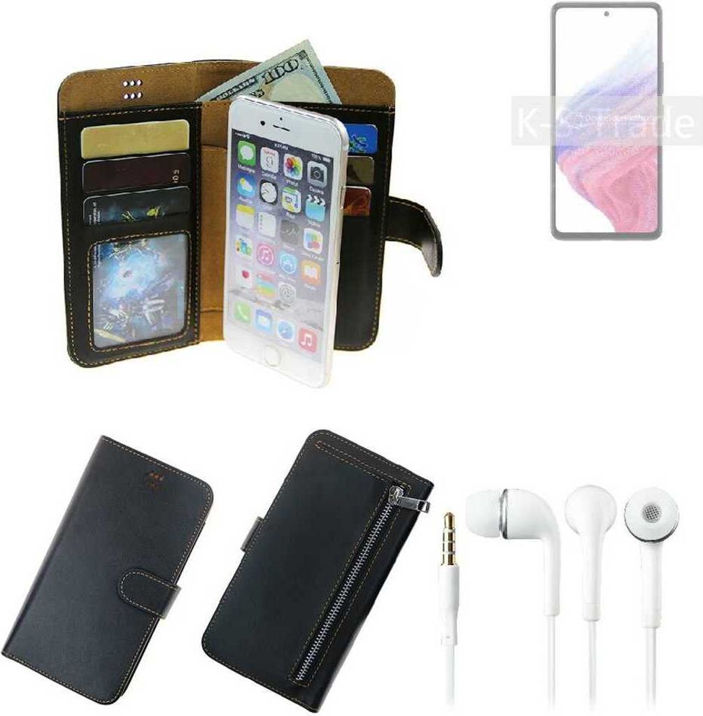 TOP SET Handy Hülle Schutz Hülle kompatibel mit Samsung Galaxy A53 5G schwarz aus Kunstleder + Kopfhörer Smartphone Tasche vollwertige Geldbörse
