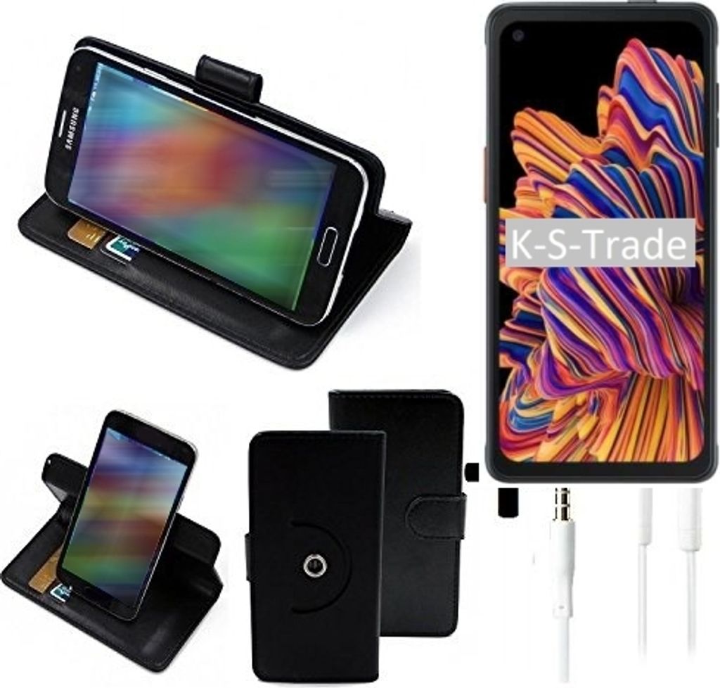 K-S-Trade Handy Hülle Schutz Hülle + Kopfhörer kompatibel mit Samsung Galaxy XCover Pro Handyhülle Flipcase Smartphone Cover Handy Schutz Tasche