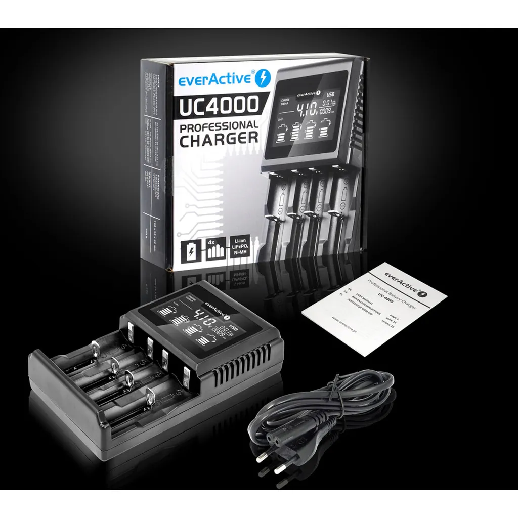 everActive UC-4000 Chargeur 4 Slots avec Courant de Charge Ajustable LCD
