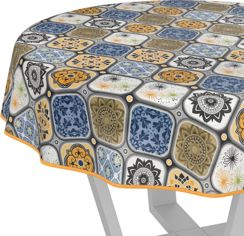Tischdecke wasserabweisend abwaschbar Blau Rund 120cm Band Fliesenmuster Porto Wachstuch Gartentischdecke