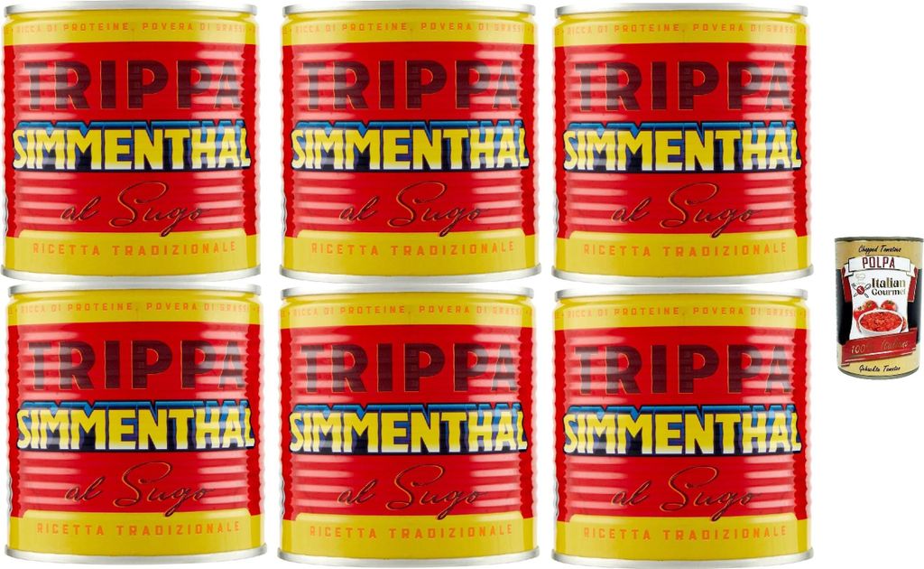 SIMMENTHAL Trippa al sugo, Kaldaunen 6x 420 g Kutteln Fleisch in dose tripe italien + Italian Gourmet polpa 400g
