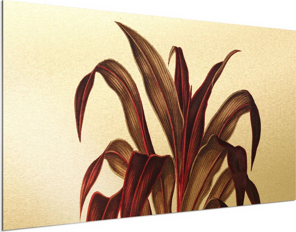 DEQORI Alu-Dibond Bild Gold 100x50 cm 'Pflanze in Purpur' Wandbild Metall dünn Design
