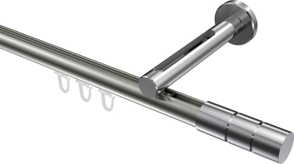 Interdeco Innenlaufstange / Gardinenstange mit Innenlauf Edelstahl-Optik / Chrom, Typ Siteno Elanto (Rillenzylinder), 20 mm Ø 1-läufig, 280 cm