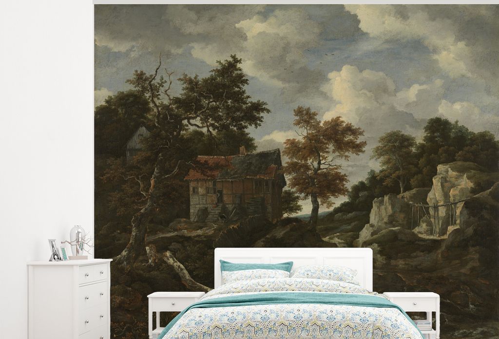 MuchoWow Fototapete für Wohnzimmer oder Schlafzimmer Wandtapete Vinyl Motivtapete Felsige Landschaft - Gemälde von Jacob van Ruisdael - 275x220...