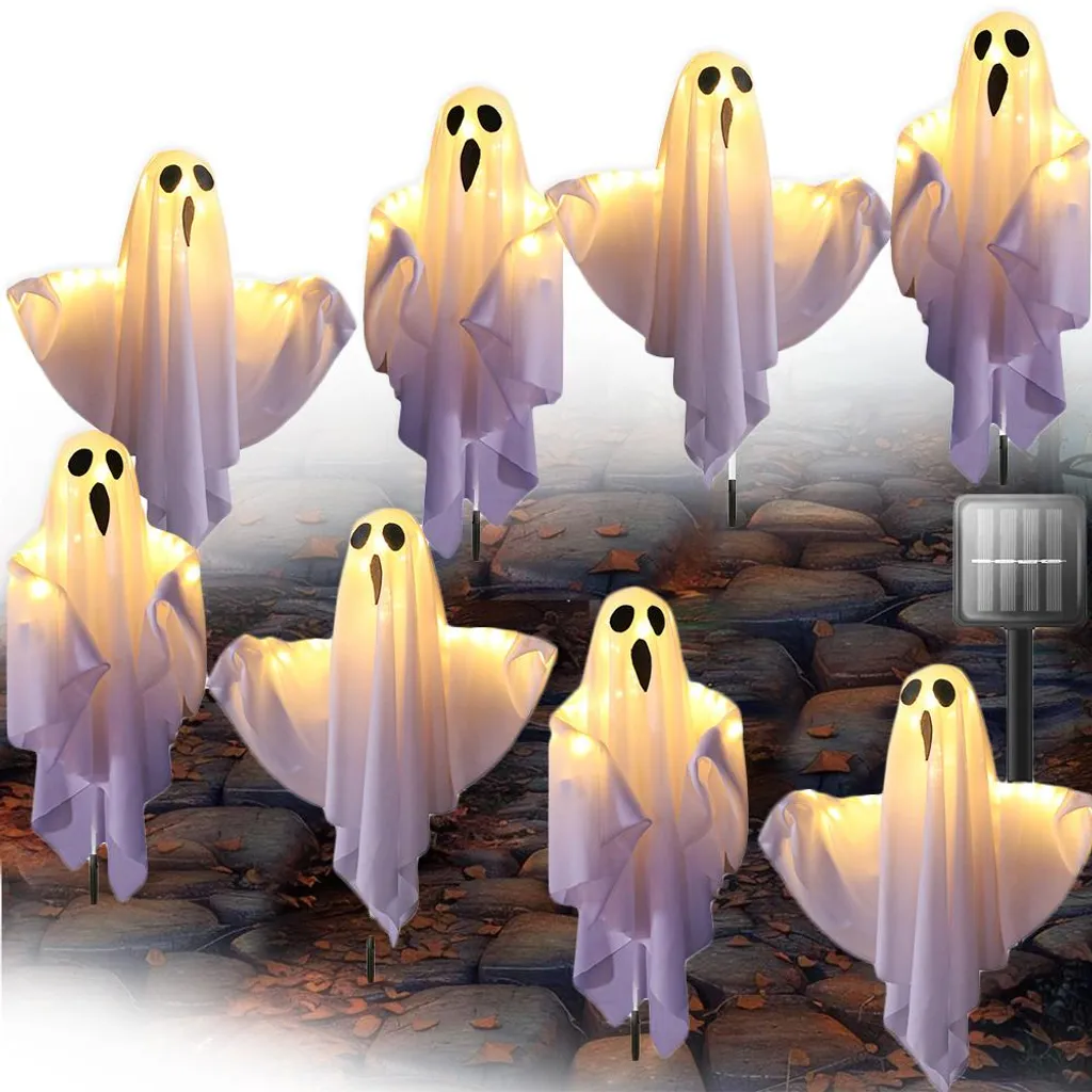 Fantômes Halloween Extérieurs Solaires 60cm, Kit de 6 Lampes LED avec 8 Modes