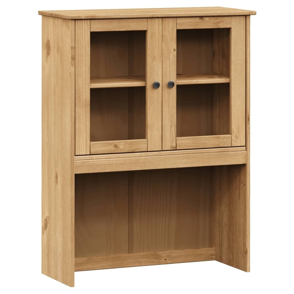 A pine wood hutch with glass doors.
