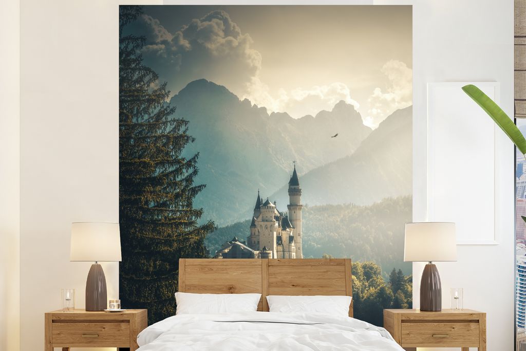 MuchoWow Fototapete für Wohnzimmer oder Schlafzimmer Wandtapete Vinyl Motivtapete Natur - Schloss - Berg - Neuschwanstein - 180x220 cm - Tapezie...