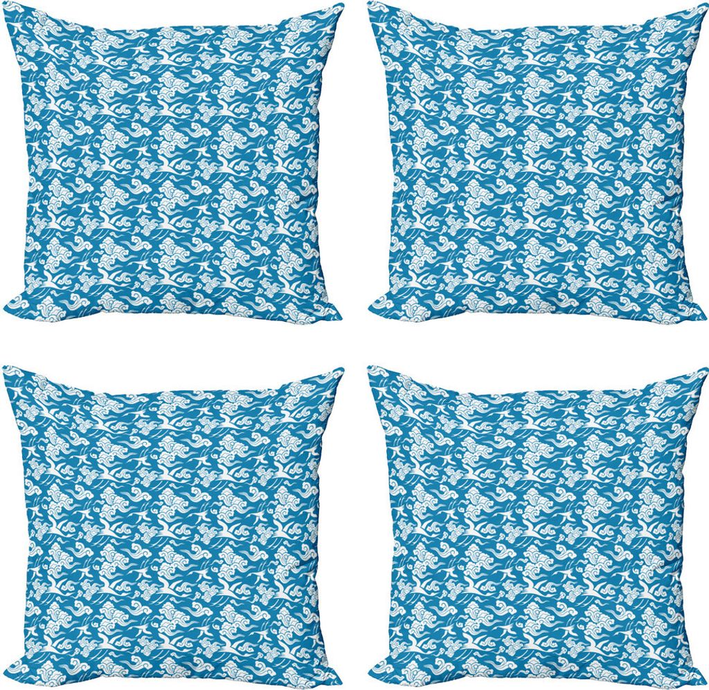 ABAKUHAUS Wolke Kissenbezug Set (4 Stück), Klassische japanische Motive, Moderner Doppelseitiger Digitaldruck, 40 cm x 40 cm, Blau und weiß