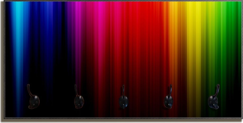 Wallario Flurgarderobe Wandgarderobe aus Holz, mit 5 Haken, Größe 80 x 40 cm, Motiv Bunte Regenbogenstreifen auf Schwarz