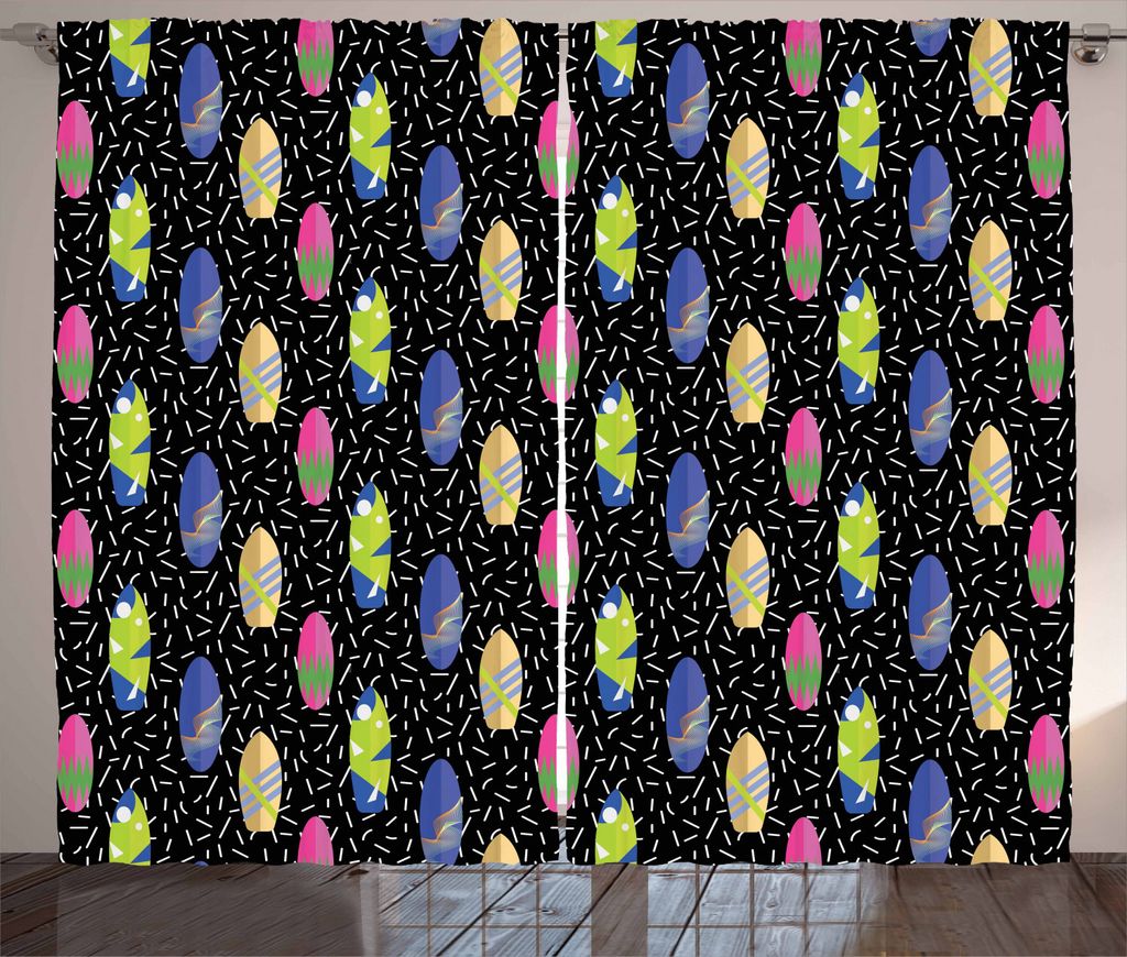 ABAKUHAUS Surfbrett Rustikaler Gardine, Memphis 80er Jahre Stil, Schlafzimmer Kräuselband Vorhang mit Schlaufen und Haken, 280 x 225 cm, Mehrfarbig