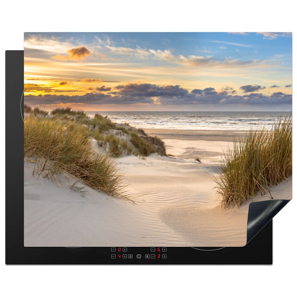 KitchenYeah Herdabdeckplatte Strand - Düne - Gras - Sonnenuntergang - Meer , 65x52cm, Küche Deko, Glaskeramikkochfeld Herdabdeckung, Abdeckplat...