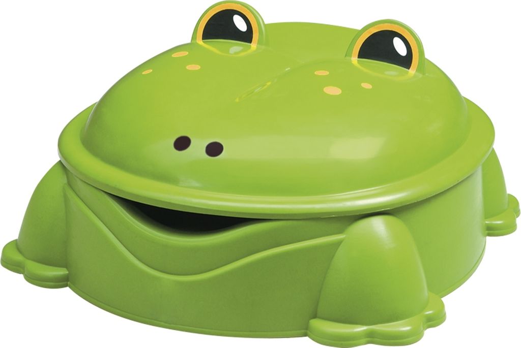 A green frog-shaped sandbox.