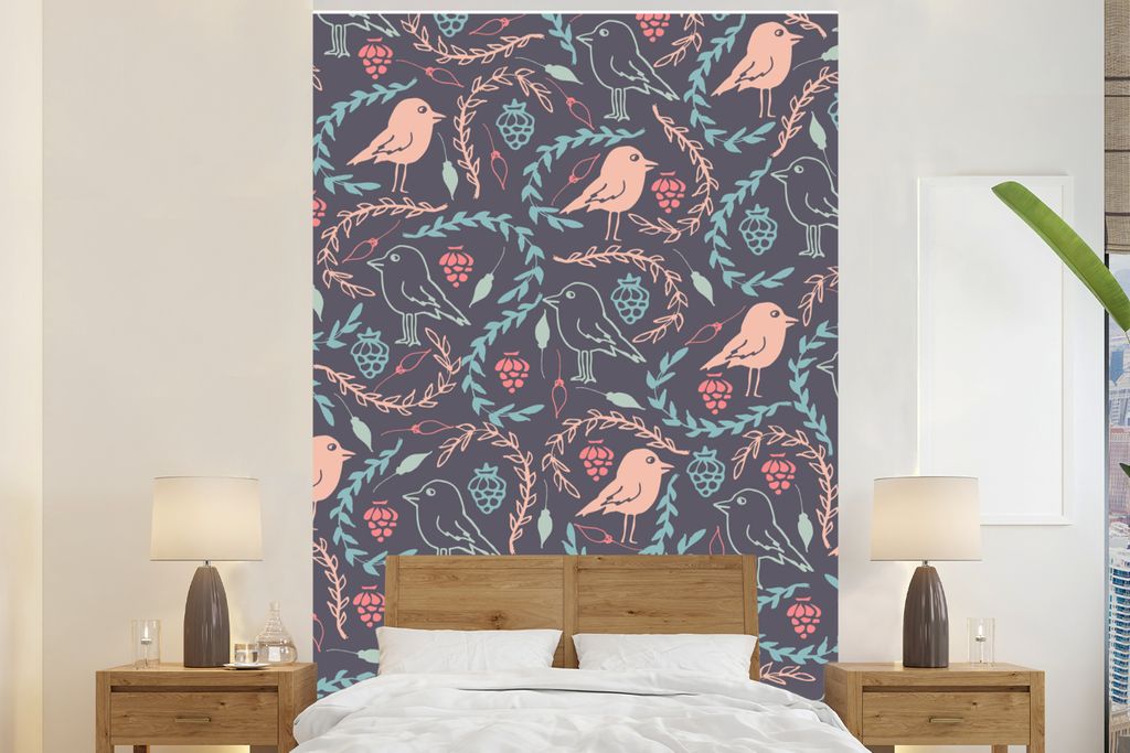 MuchoWow Fototapete für Wohnzimmer oder Schlafzimmer Wandtapete Vinyl Motivtapete Muster Vogel und Obst - 155x240 cm - Tapete