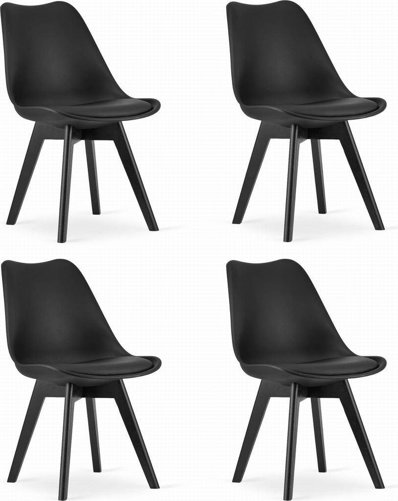 Four black chairs are arranged in a grid against a white background.