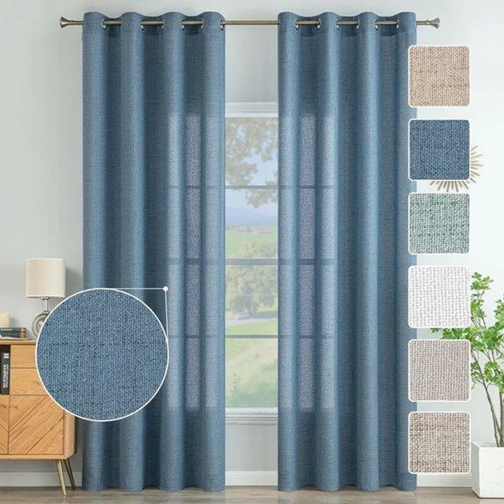 Rideaux en lin bleu 215x140 cm pour une décoration bohème de chambre