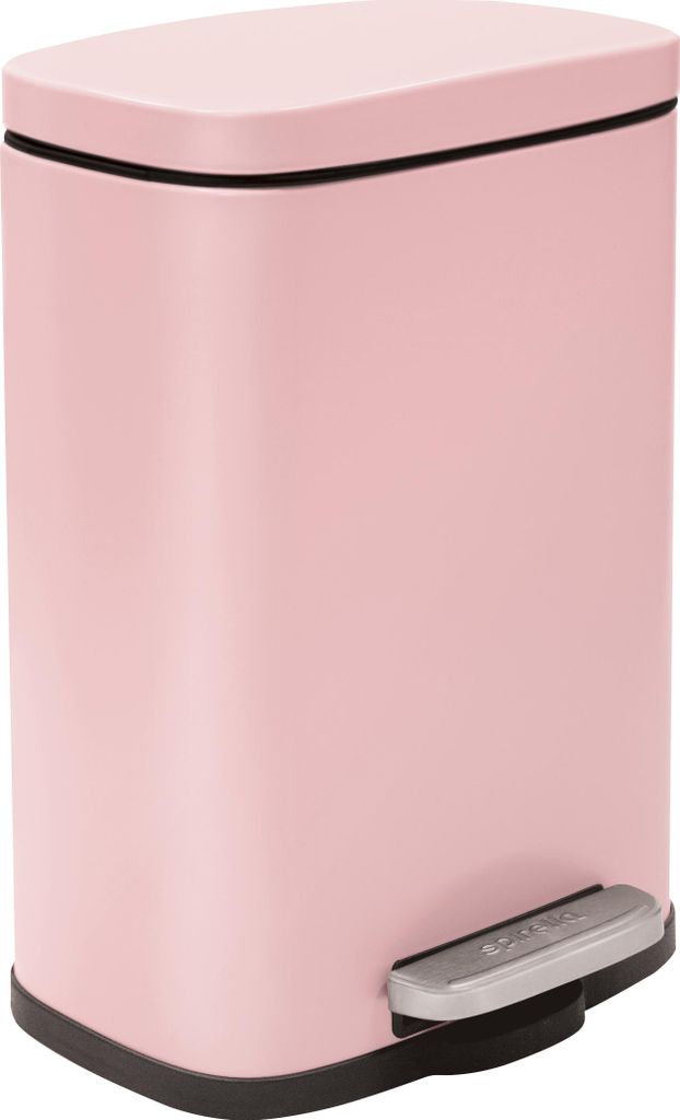 A pink pedal bin with a silver pedal is shown against a white background.