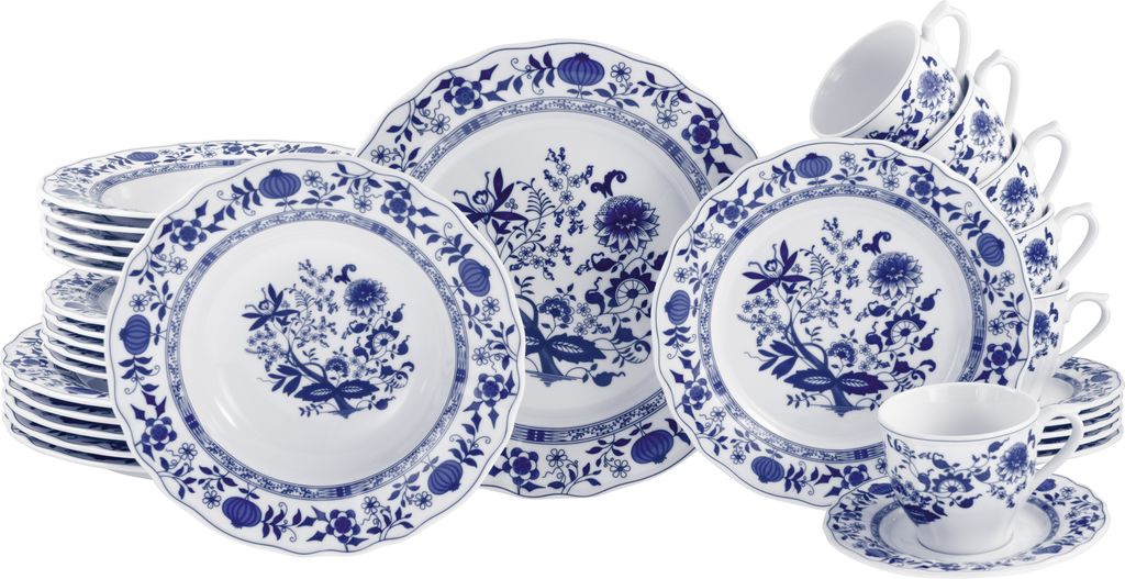 A set of blue and white floral patterned porcelain dishes, including plates, bowls, and cups, arranged on a white background.