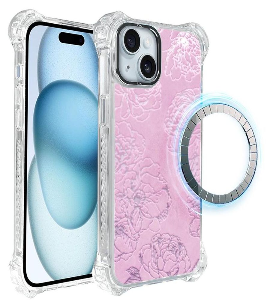 Schutzhülle für das iPhone 15, MagSafe-kompatibel, verstärkte Ecken, transparente Seiten, Rosa Pfingstrosen