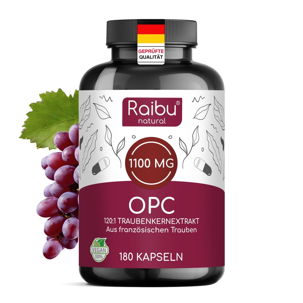 OPC Kapseln, 1.100mg Traubenkernextrakt Extrakt pro Tag, 180 St - RAIBU
