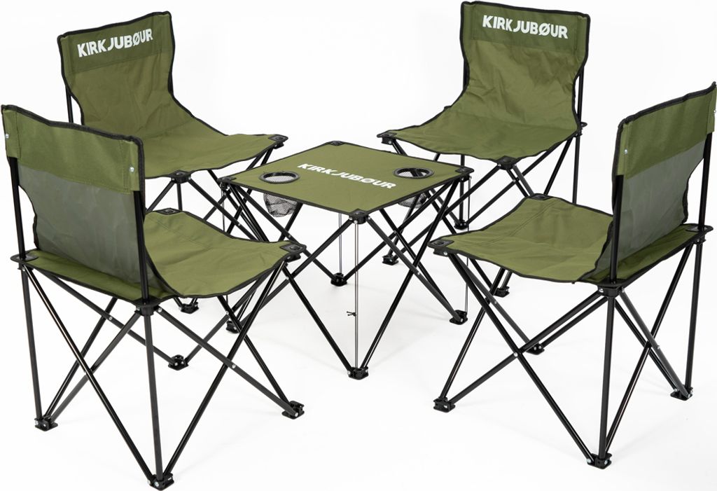 KIRKJUBØUR 5er-Set Campingstühle mit Tisch – klappbare Outdoor-Stühle & Tisch, 120 kg belastbar, inkl. Getränkehalter & Tragetasche grün |...