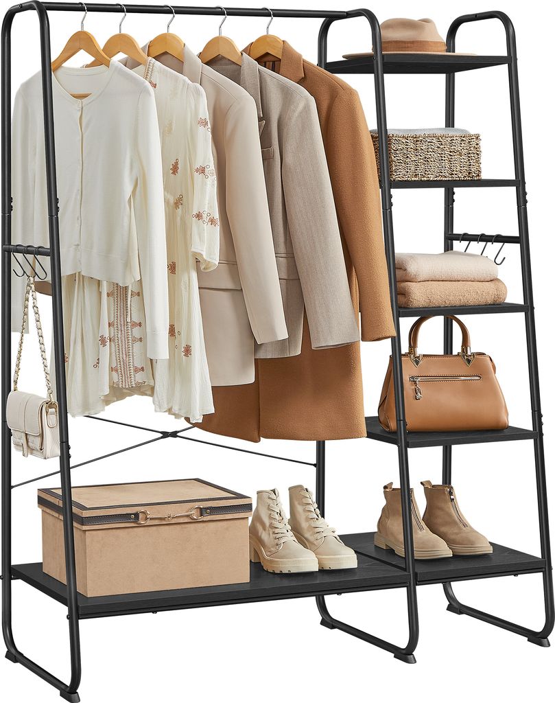 A clothing rack with clothes, shoes, bags, and storage boxes.