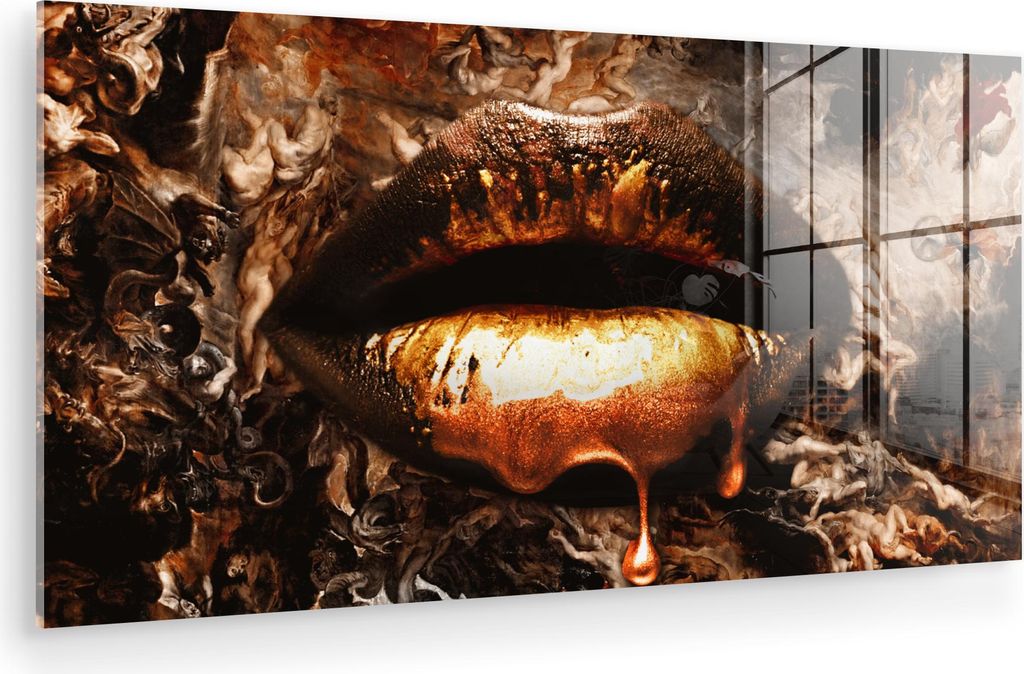 MuchoWow Glasbilder - Bilder auf Wandbild - Foto auf Glas Gold - Lippen - Kunst - Gold - Luxus - Abstrakt 40x20 cm Wanddekoration aus Glas - Acrylg...