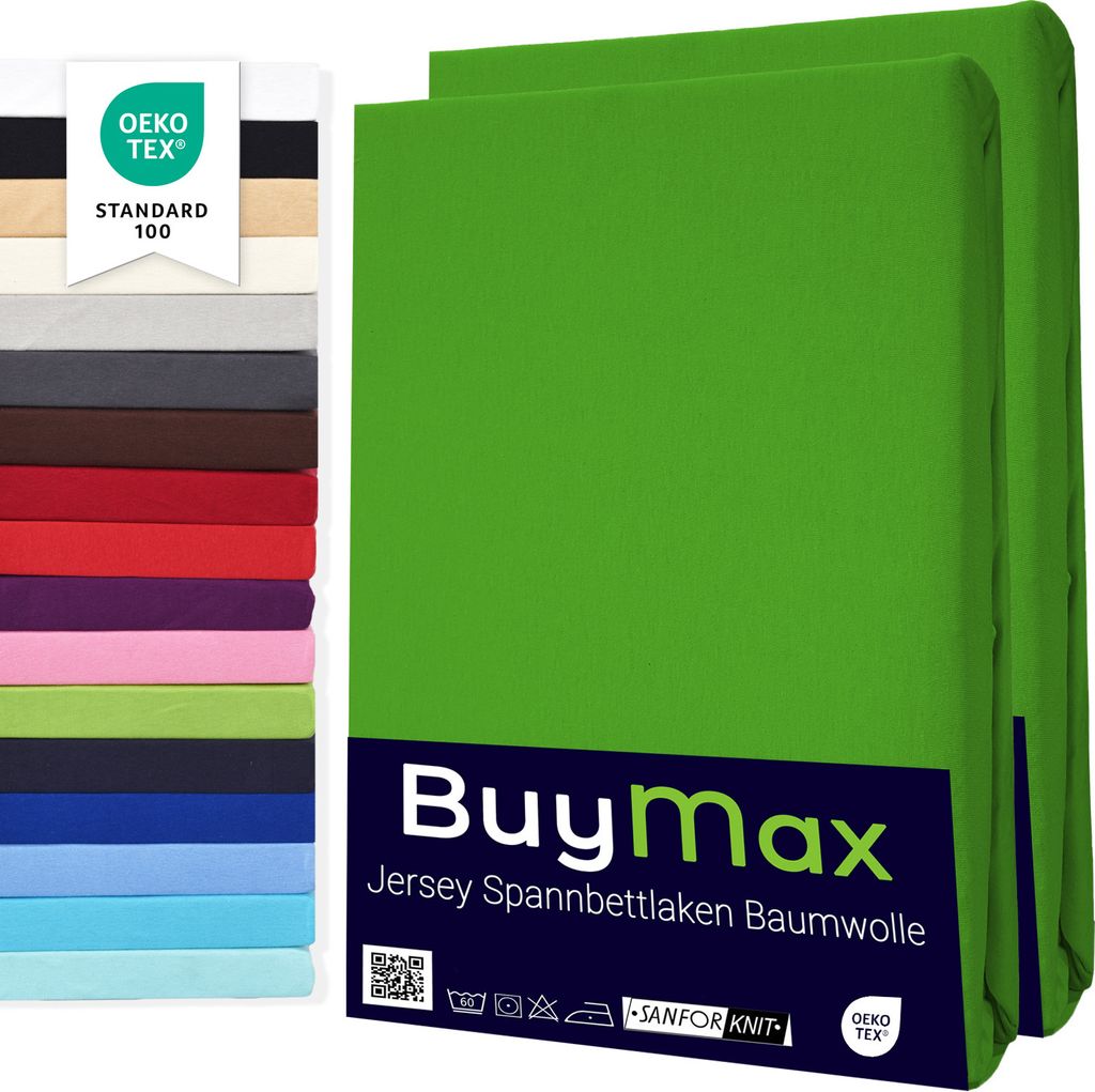Buymax Spannbettlaken 120x200cm Doppelpack 100% Baumwolle Spannbetttuch Bettlaken Jersey, Matratzenhöhe bis 25 cm, Farbe Apfelgrün