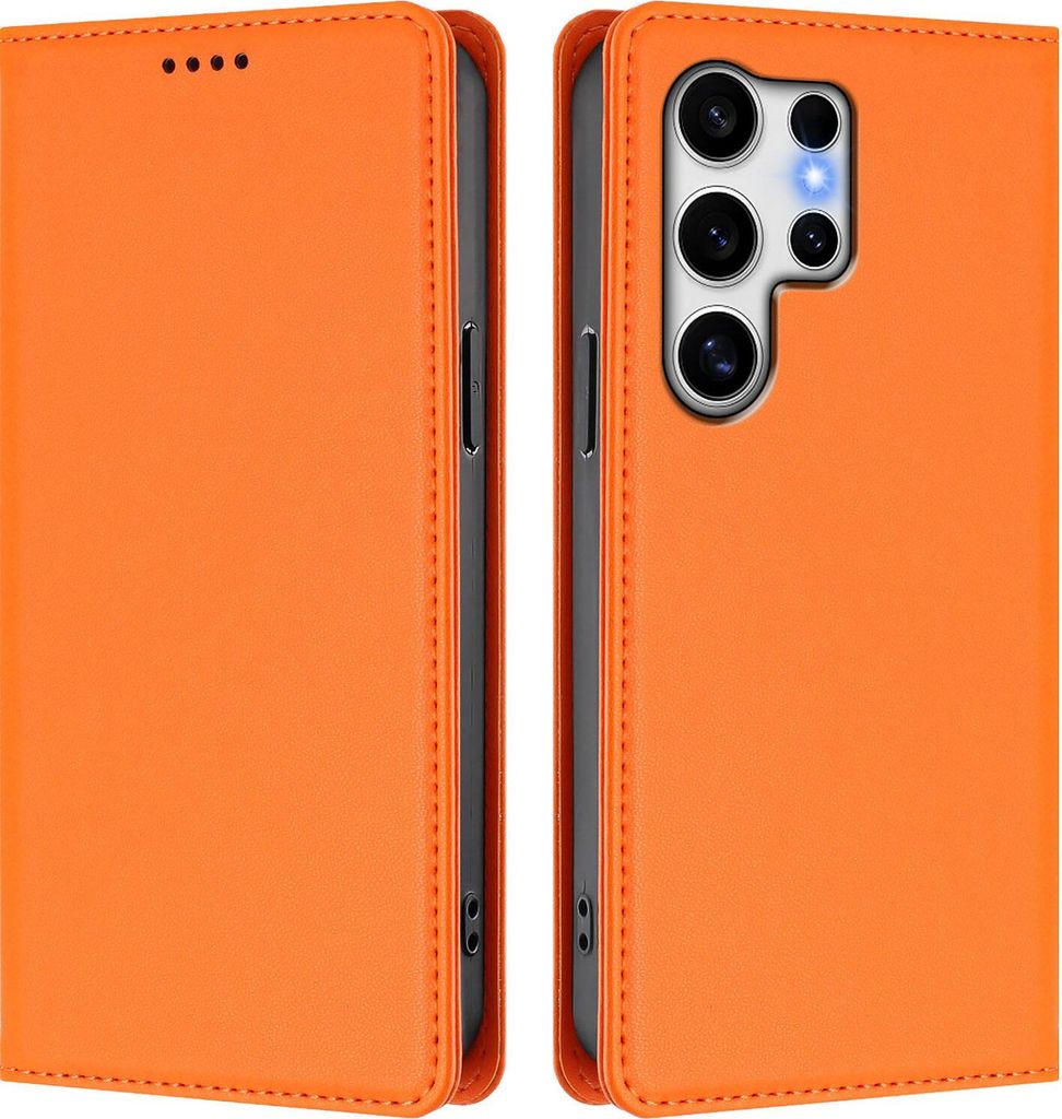 Handyhülle für Samsung Galaxy S25 Ultra, Kunstleder Klapphülle Stoßfeste Magnetische Hülle mit Ständer Orange