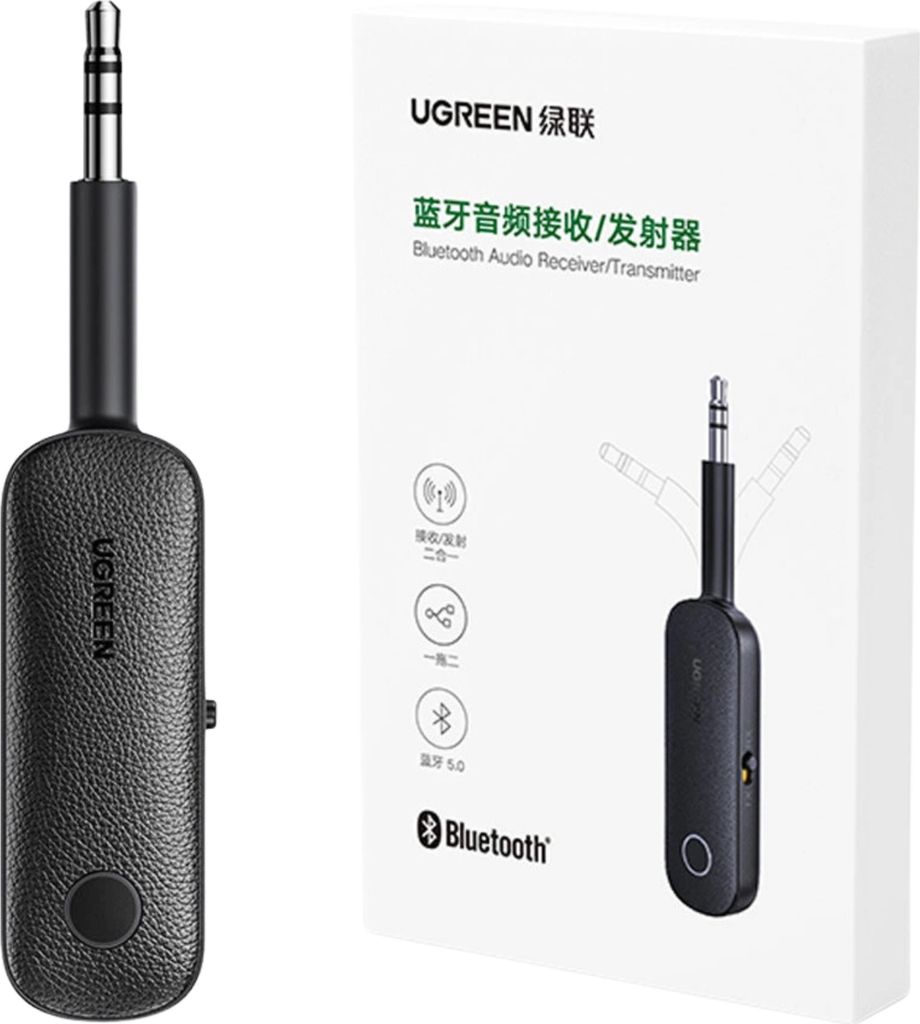 A product shot of a black Ugreen Bluetooth audio receiver/transmitter and its packaging.