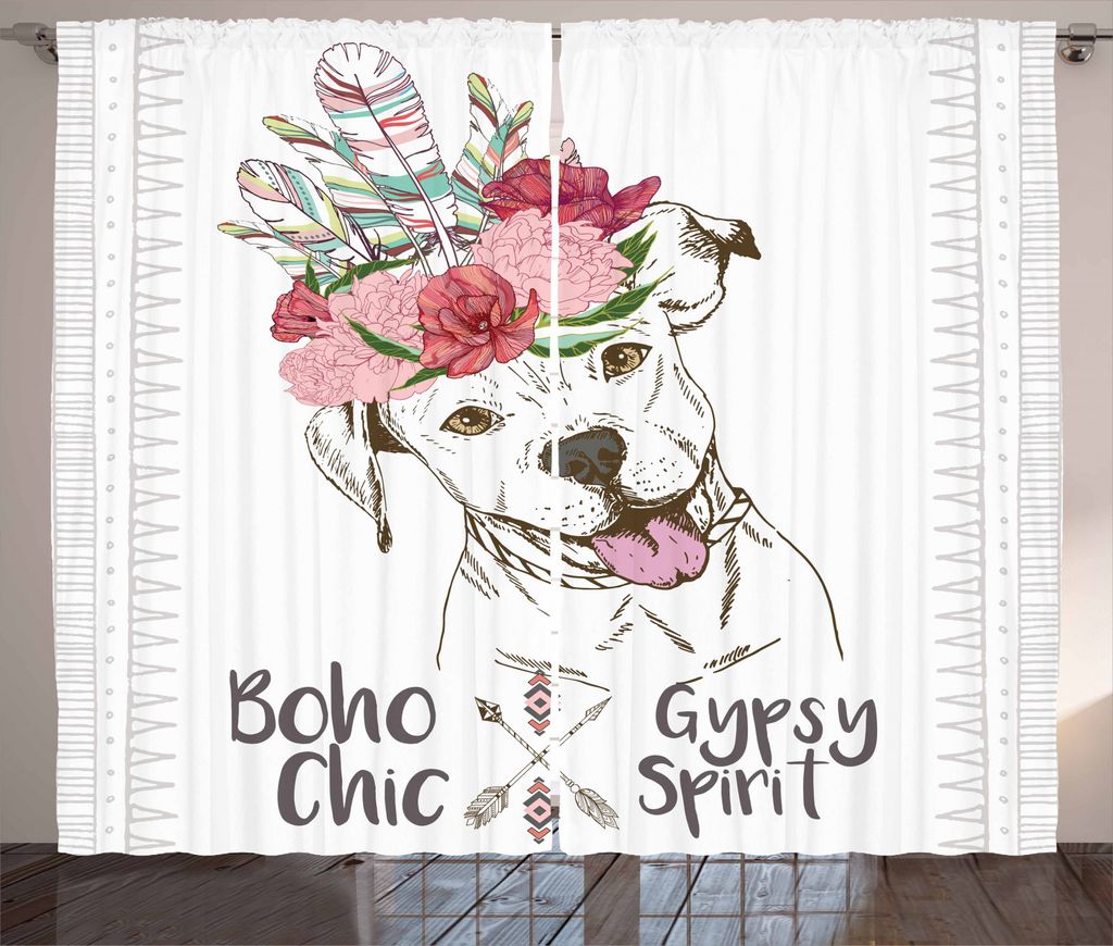 ABAKUHAUS Pitbull Rustikaler Gardine, Hund in einem Kopfschmuck mit Federn, Schlafzimmer Kräuselband Vorhang mit Schlaufen und Haken, 280 x 245 cm...