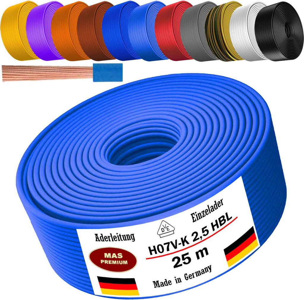 25m Aderleitung H07 V-K HBL 1x2,5 mm² Hellblau Einzelader flexibel