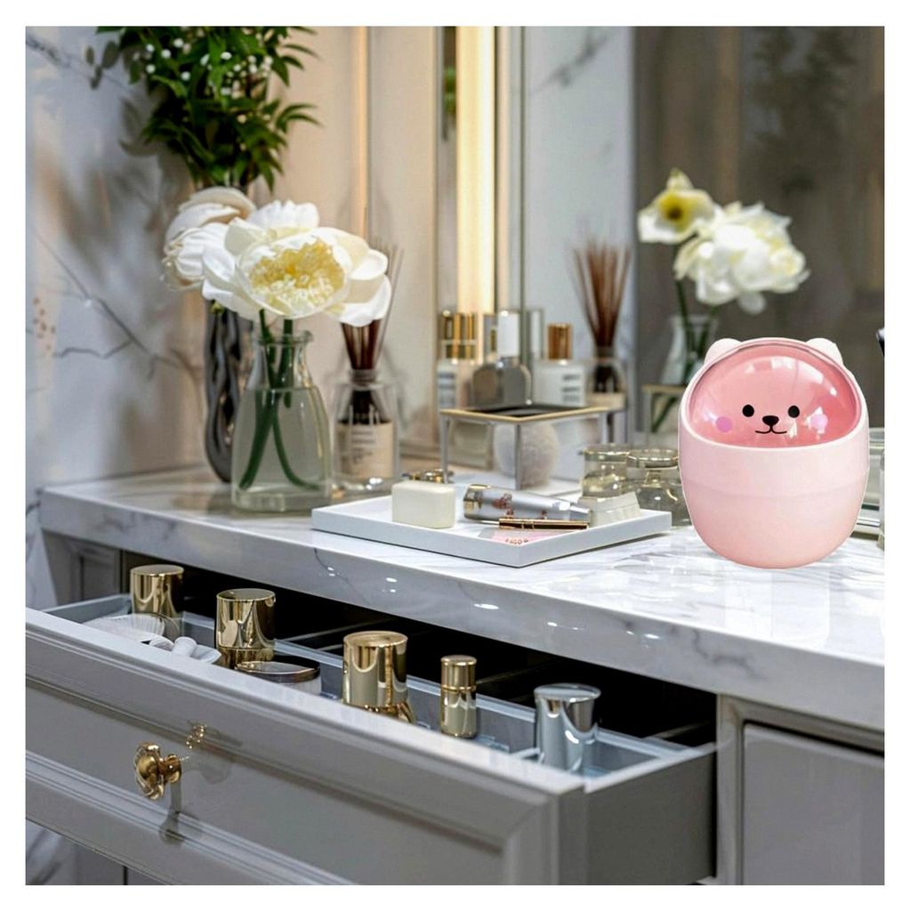 Mini Mülleimer, Tischmülleimer mit Deckel, Cartoon Mülleimer, Tragbarer Abfalleimer für Zuhause, Büro und Wohnzimmer, Rosa