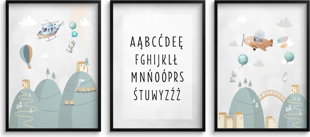 Trittico Poster 50x70 Cameretta: Alfabeto e Montagne Scandinave