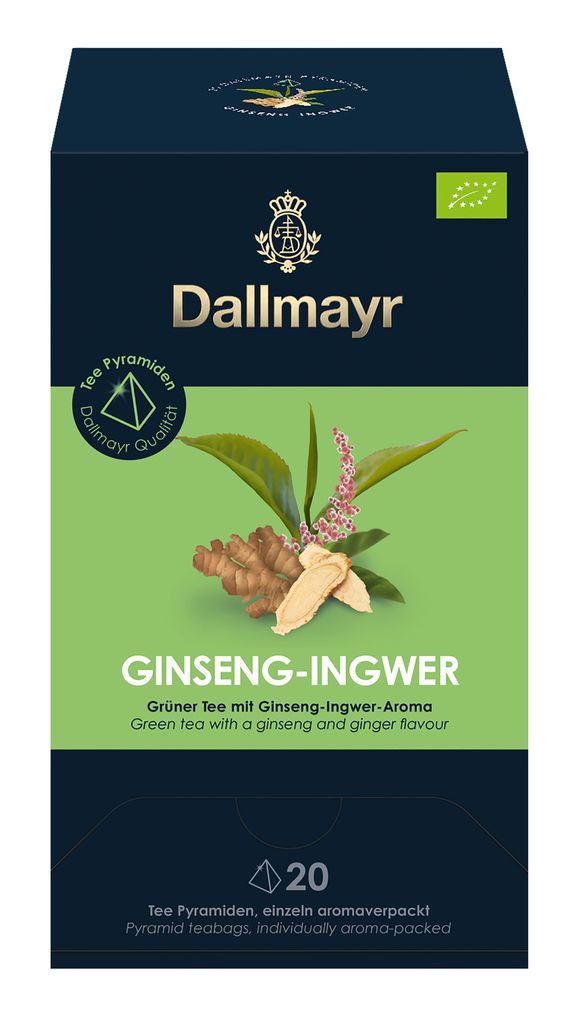 Dallmayr Aromatisierter Grüner Tee Gingseng Ingwer, 20 Pyramidenbeutel