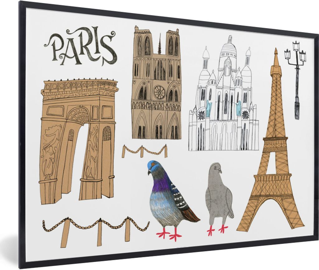 MuchoWow Gerahmtes Poster Paris - Zeichnung - Tauben 90x60 cm - Poster mit Schwarzem Bilderrahmen Wandposter Rahmen Foto Bilder - Fotorahmen - Fo...