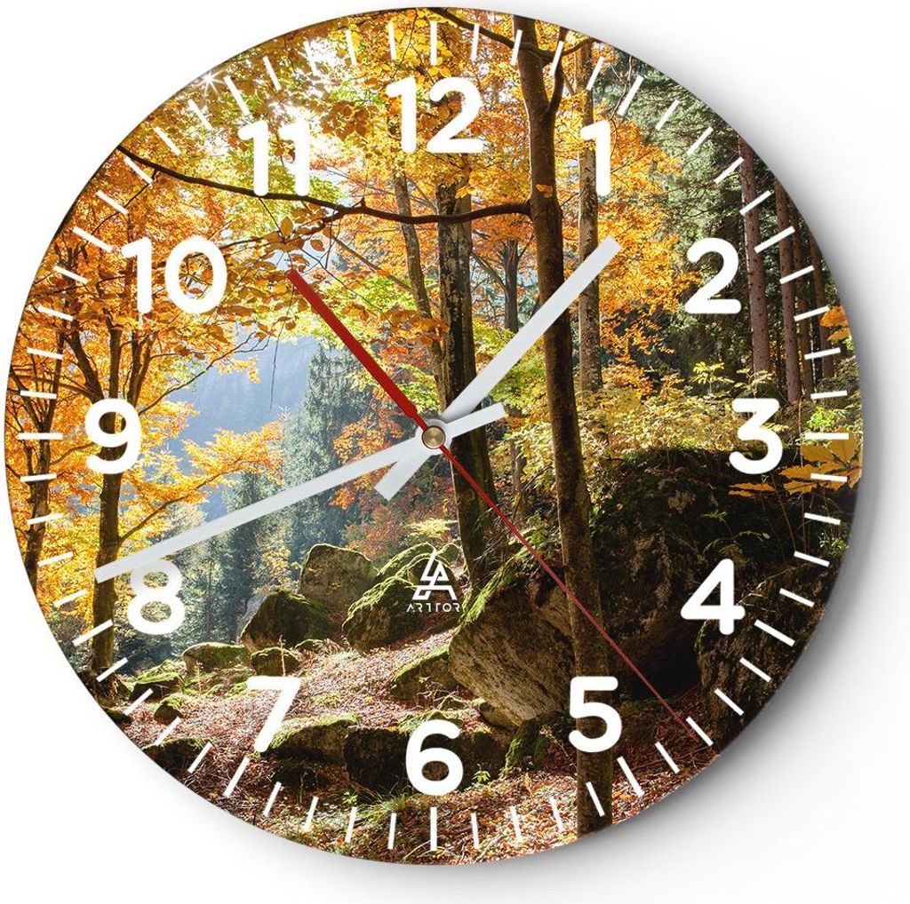 Wanduhr - Rund - Glasuhr - Herbst berg wald natur - 40x40cm - Schleichendes Uhrwerk - Lautlos - zum Aufhängen bereit - Dekoration Modern - Wanddek...