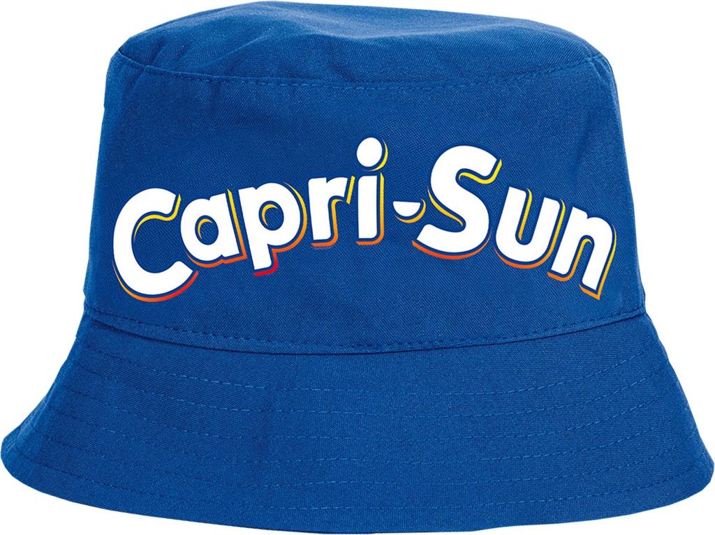 Original Lizenz Capri-Sun® Fischerhut in blauer Farbe mit Aufdruck von Vorne und weißem Hintergrund.