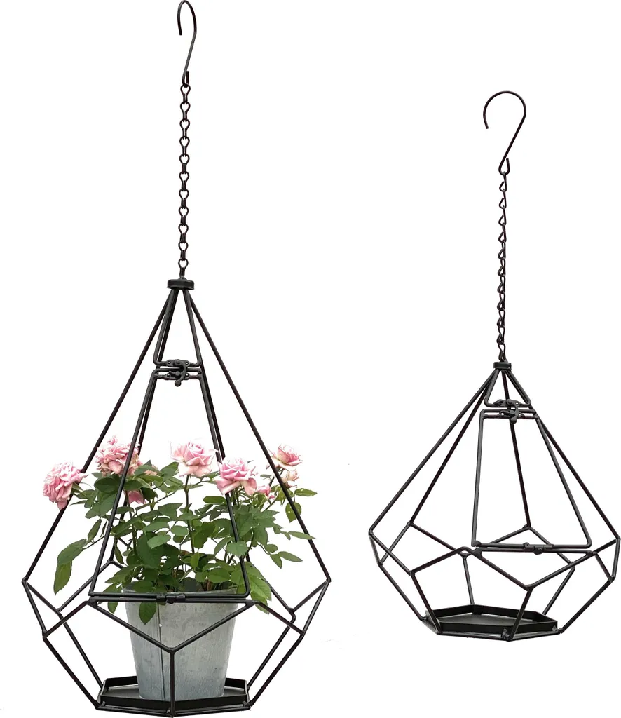 Cache-pot Suspendu Mural Hexagonal en Métal Noir pour Plantes Intérieur
