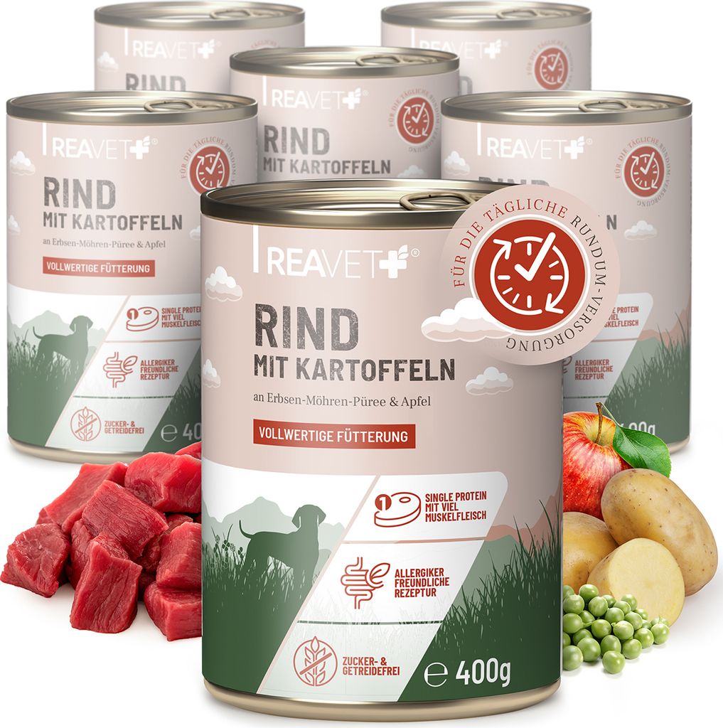 REAVET Premium Hunde Nassfutter - Rind an Kartoffeln & Apfel 6 x 400g I mit hohem Fleischanteil & viel Muskelfleisch, Getreidefrei, Hundefutter nas...