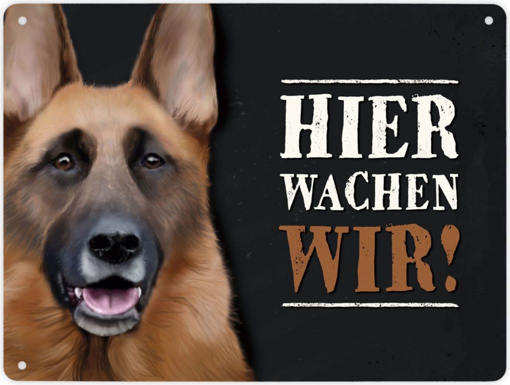 Hier wachen wir! Metallschild XL mit Schäferhund Motiv Schild Blechschild