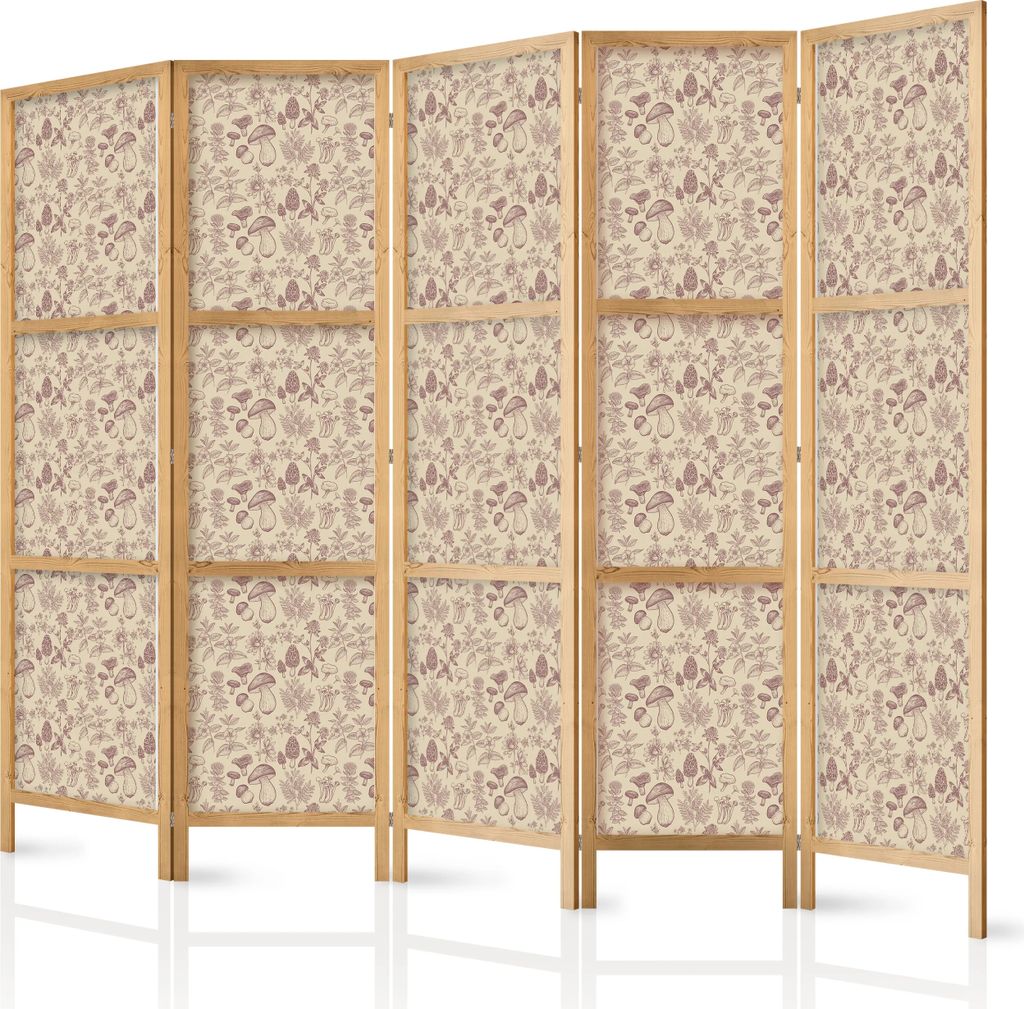 5-teiliger Einseitiger Vlies Japanischer Paravent - Beige Nature of the Forest - Mushrooms Flowers and Herbs on a Light Background 225x172 cm Blume...