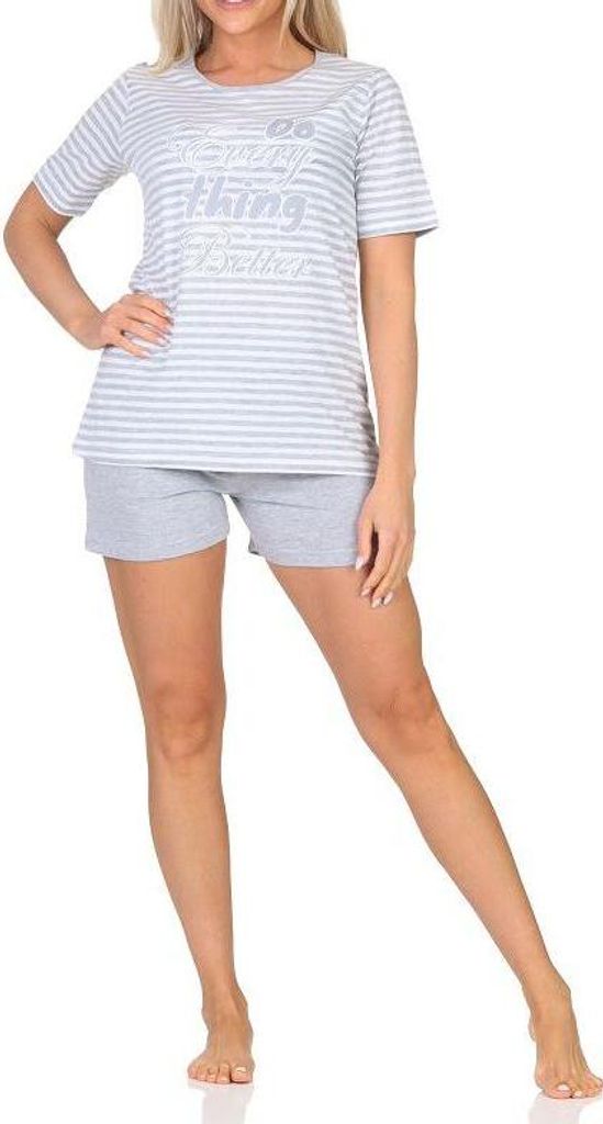 Normann Damen kurzarm Schlafanzug Shorty Pyjama in feiner Streifenoptik mit Frontprint ; grau-mel. , 44