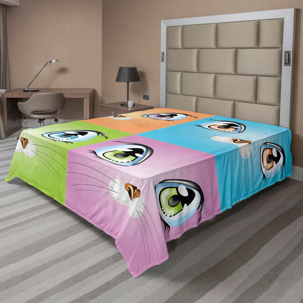 ABAKUHAUS Karikatur Bettlaken, Bunte Große Katzenaugen Bilder Mit Den Schnurrbart Treuen Lebensgefährten Art, weiches bequemes oberes Bettlaken f...